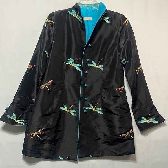 LA CERA ASIAN STYLE JACKET SATIN, DRAGON FLY EMBROIDERED BLACK, SIZE M - Picture 1 of 11